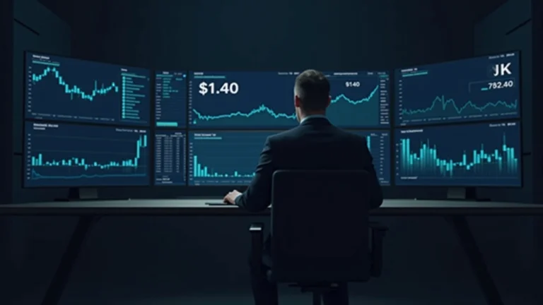Editor reviews XRP ETF flow data at a desk with monitors showing net outflow and price near $1.40 in a newsroom.