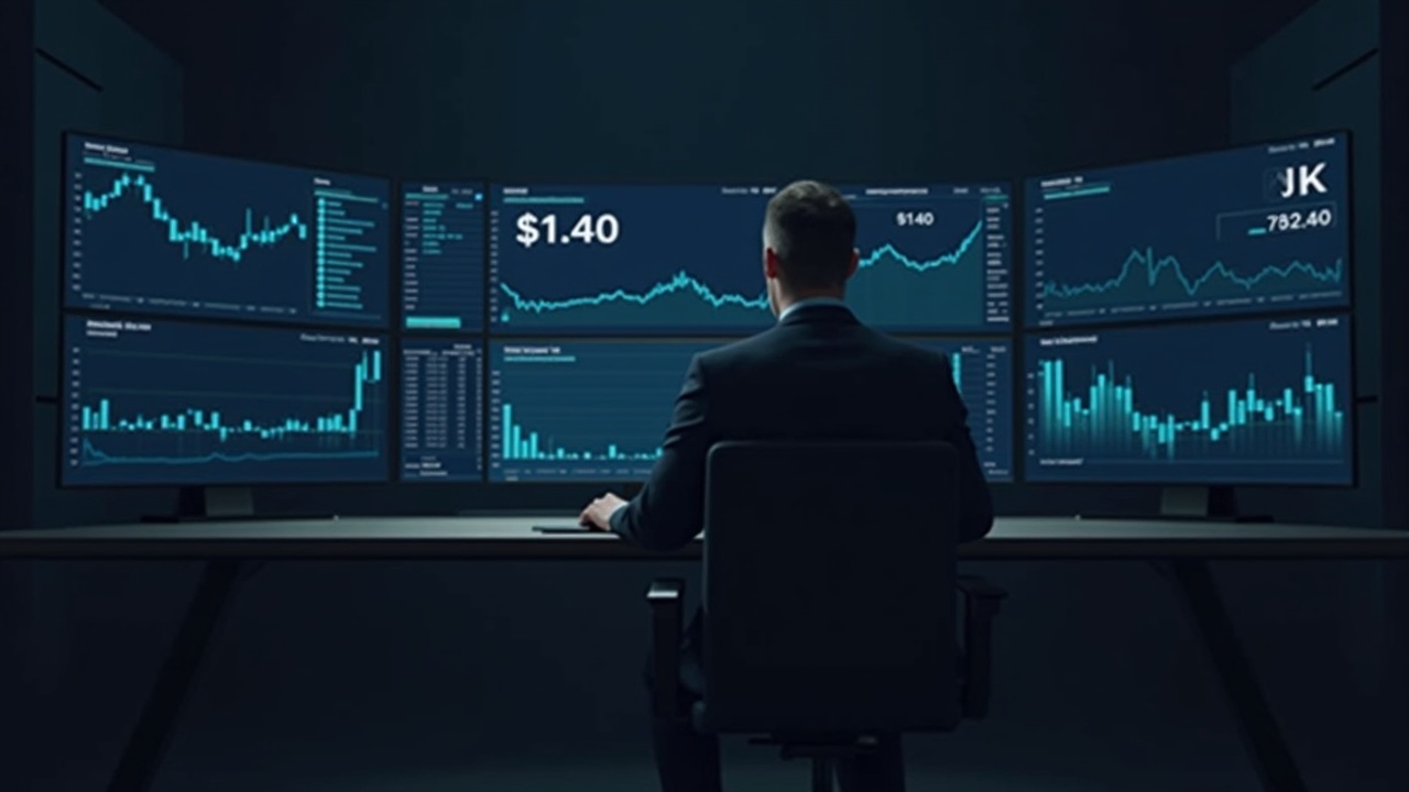 Editor reviews XRP ETF flow data at a desk with monitors showing net outflow and price near $1.40 in a newsroom.