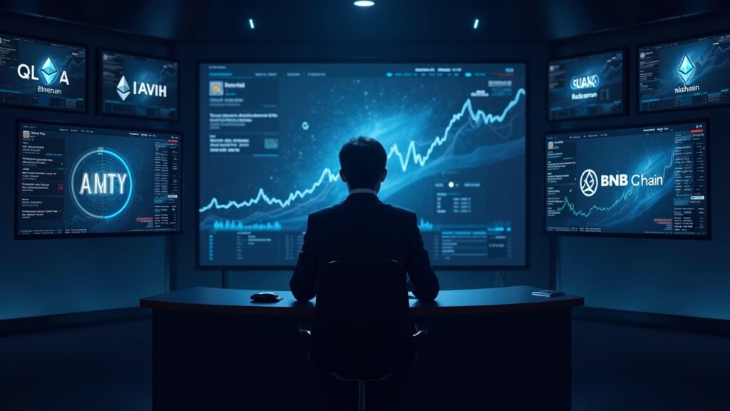 Analyst at desk in newsroom with screens showing 24/7 tokenized stocks and Ethereum/BNB Chain logos.