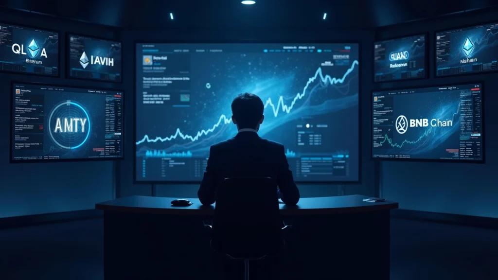 Analyst at desk in newsroom with screens showing 24/7 tokenized stocks and Ethereum/BNB Chain logos.
