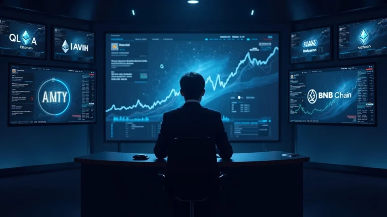 Analyst at desk in newsroom with screens showing 24/7 tokenized stocks and Ethereum/BNB Chain logos.