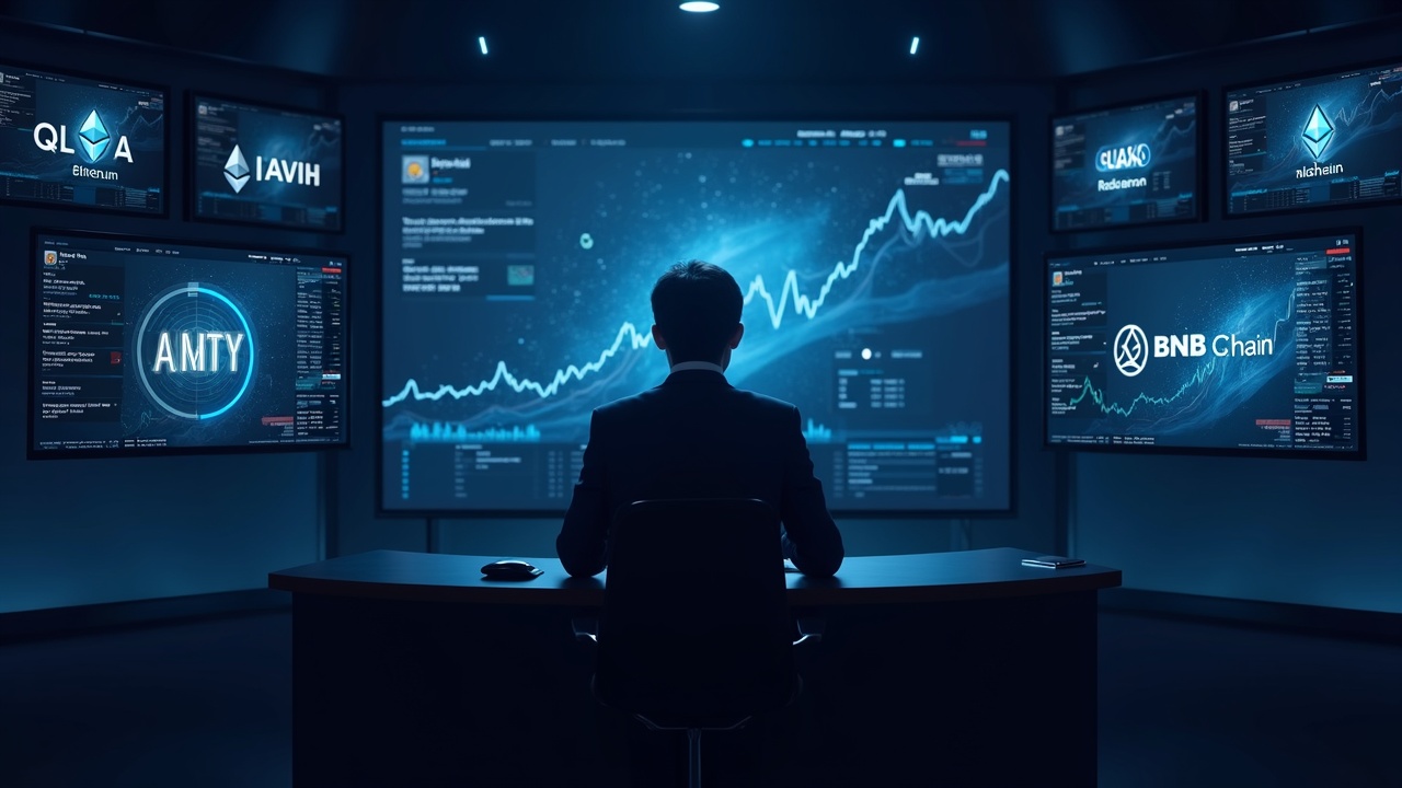 Analyst at desk in newsroom with screens showing 24/7 tokenized stocks and Ethereum/BNB Chain logos.