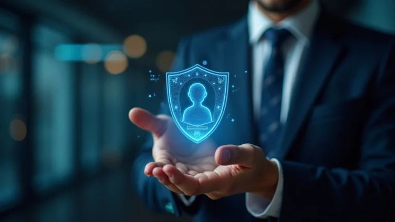 Editorial portrait: professional examines a floating digital badge for a non-human AI agent identity on a blockchain backdrop.