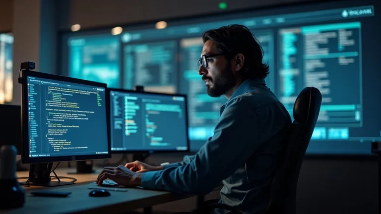 Editorial portrait of a cryptography researcher in a newsroom, studying a screen with post-quantum concepts and multiple signature schemes.