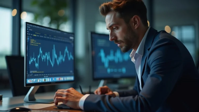 Finance professional at a modern desk with a monitor showing neutral figures, signaling Altura Yield Vault wind-down.