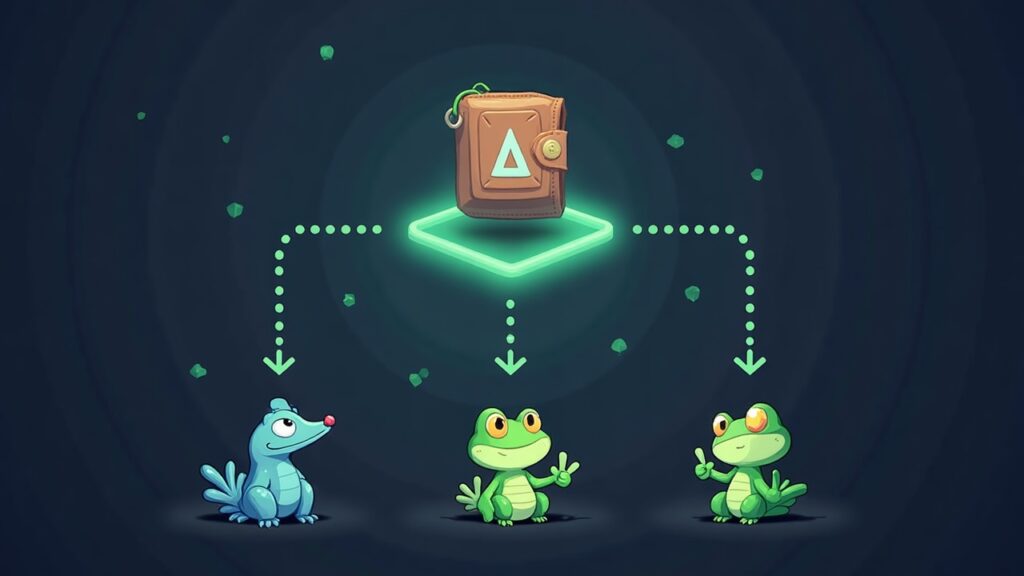 Central deployer wallet icon receiving Dengs and Frogling NFT tiles over a ledger background.