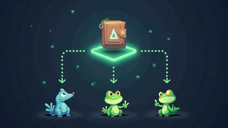 Central deployer wallet icon receiving Dengs and Frogling NFT tiles over a ledger background.