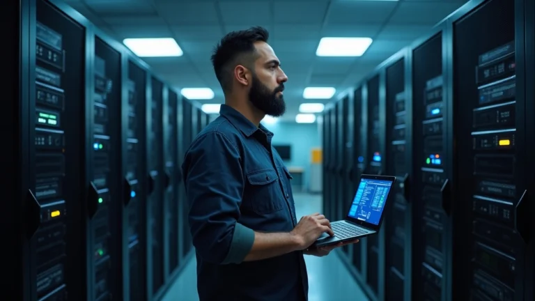 Data center engineer in a clean server room monitoring 25ms and 10ms Aptos Archon block times.