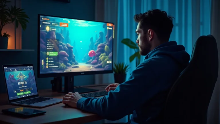 Editorial portrait of a game analyst at a desk; monitor shows Aquarium Quest onboarding UI with underwater pixel art and leaderboard.