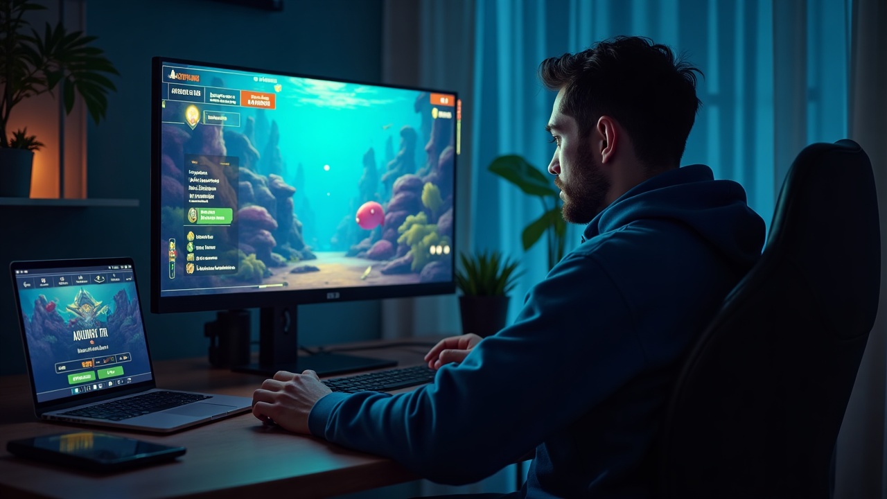 Editorial portrait of a game analyst at a desk; monitor shows Aquarium Quest onboarding UI with underwater pixel art and leaderboard.