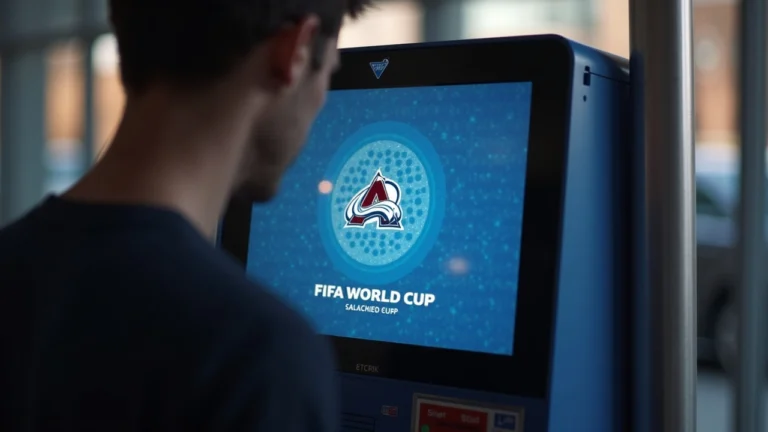 Editorial shot of a FIFA World Cup ticketing kiosk showing a digital token with the Avalanche logo in a somber newsroom.