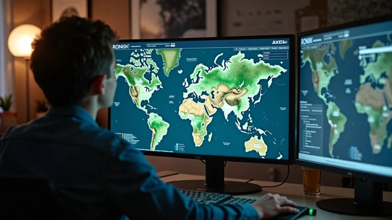 Monitor displaying Terrariums V1 UI on Ronin; Lunacia land plots highlighted, professional reporter in foreground.