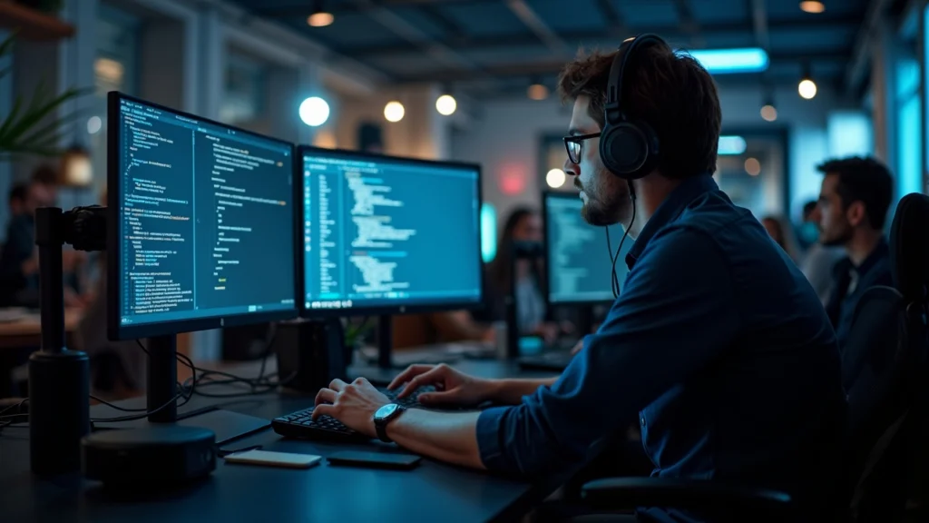 Berlin hackathon workspace: focused developer at a desk with code on screens and x402 pay-per-call transactions.