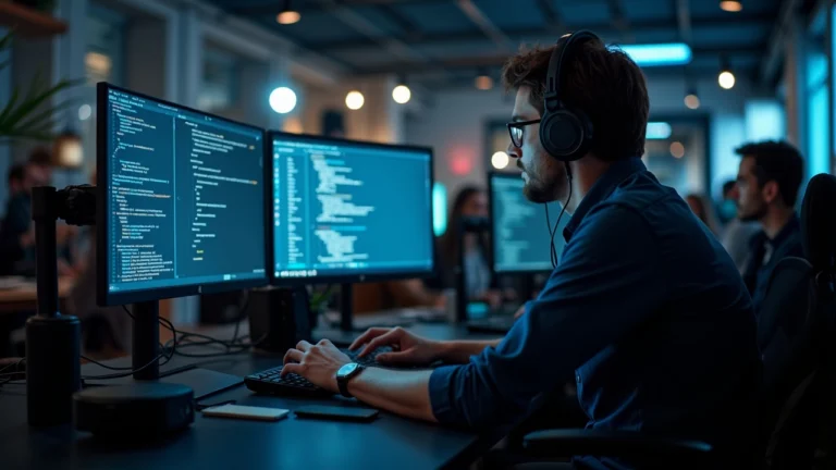 Berlin hackathon workspace: focused developer at a desk with code on screens and x402 pay-per-call transactions.