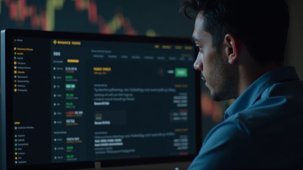 Editorial desk with a journalist; monitor shows Binance margin delist notice dated June 5, 2026, focusing on USDC and USD1.