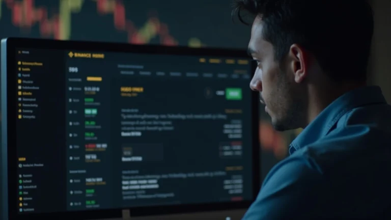 Editorial desk with a journalist; monitor shows Binance margin delist notice dated June 5, 2026, focusing on USDC and USD1.