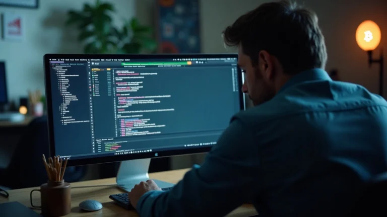 Analyst at desk with a Botanix shutdown notice on monitor, July 9 withdrawal deadline, subtle Bitcoin icon in the background.