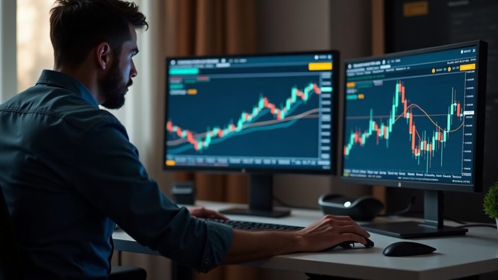 Trader at a desk reviews BTC funding charts on two monitors labeled Binance and Hyperliquid, spread highlighted.