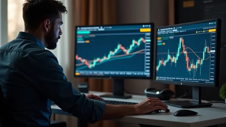 Trader at a desk reviews BTC funding charts on two monitors labeled Binance and Hyperliquid, spread highlighted.