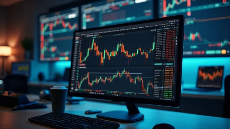 Editorial shot of a professional trading desk with screens displaying AAOIUSDT, QNTXUSDT and IRENUSDT perpetual contracts at 10x leverage.