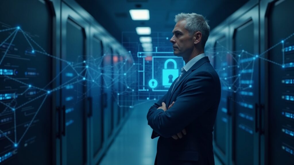 Executive in a suit in a data center with network lines and a lock, highlighting Canton Network's on-chain privacy.