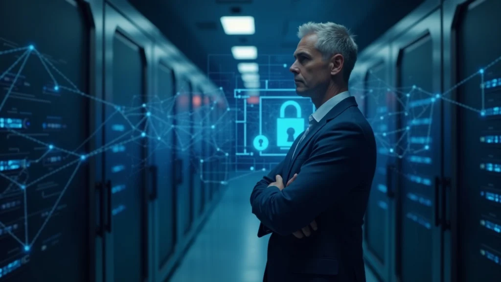 Executive in a suit in a data center with network lines and a lock, highlighting Canton Network's on-chain privacy.
