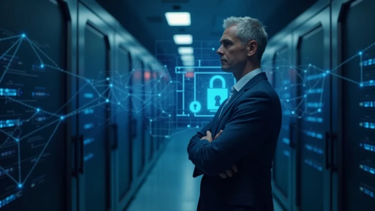 Executive in a suit in a data center with network lines and a lock, highlighting Canton Network's on-chain privacy.