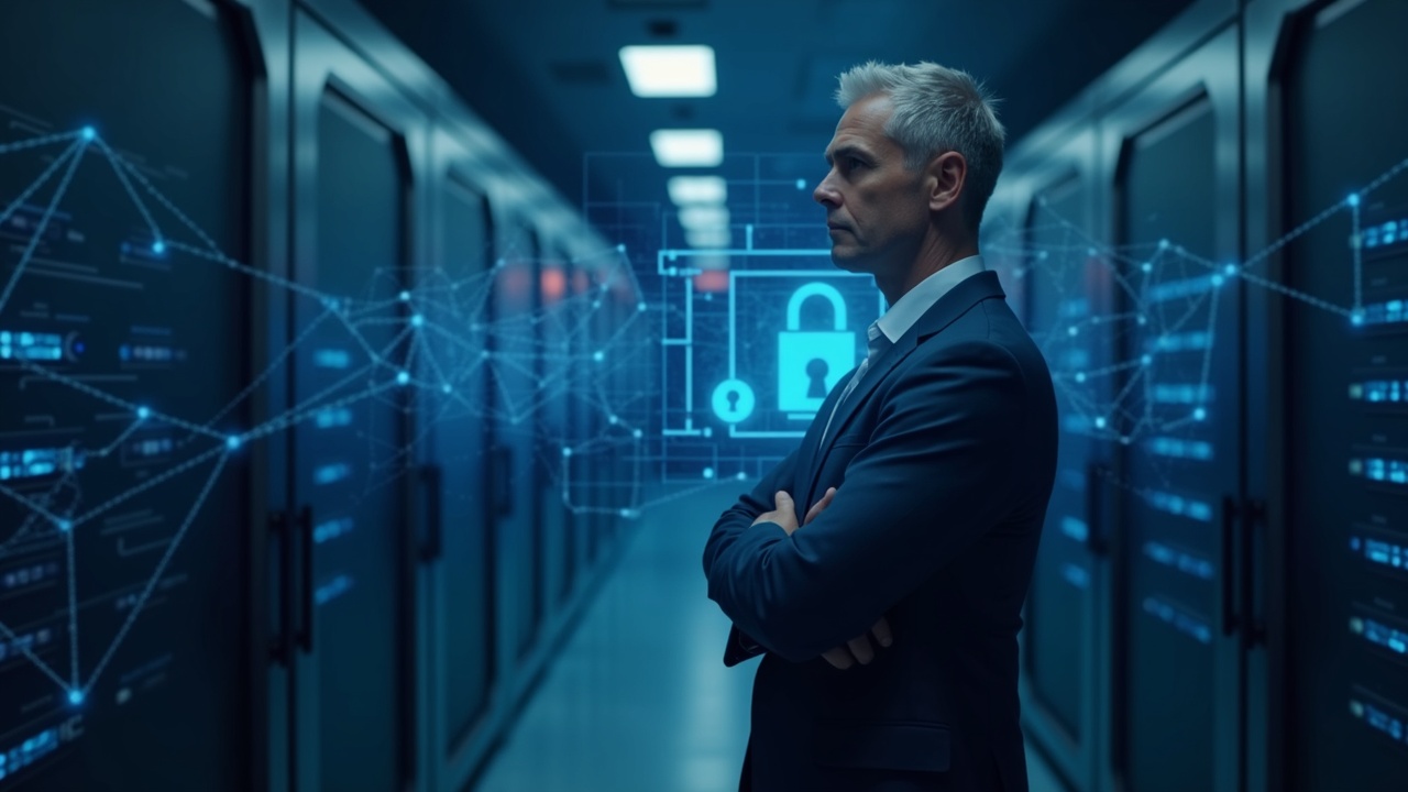 Executive in a suit in a data center with network lines and a lock, highlighting Canton Network's on-chain privacy.