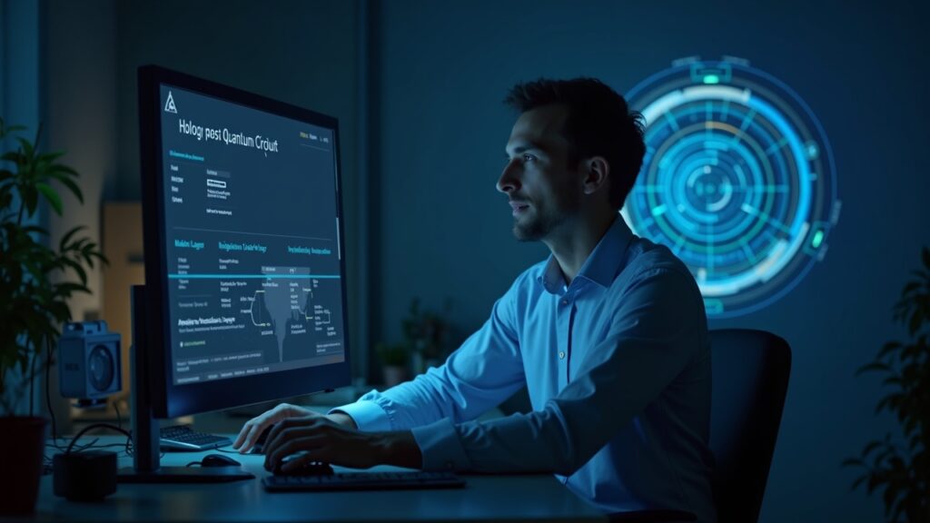 Researcher at a desk with Cardano logo on screen, holographic post-quantum circuit and multi-layer scalability diagrams.