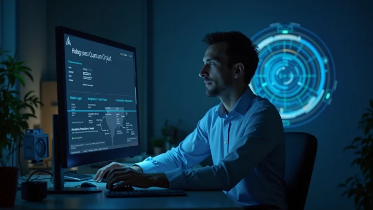 Researcher at a desk with Cardano logo on screen, holographic post-quantum circuit and multi-layer scalability diagrams.