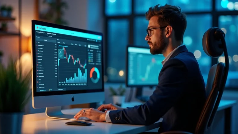 Business professional at a desk; monitor displays Coinbase for Agents interface with AI trading in a sandboxed portfolio.