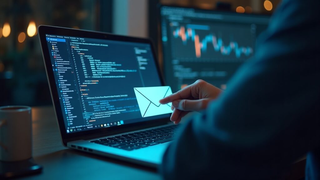 Editorial portrait of a developer at a desk with a laptop displaying a sealed envelope over encryption graphs.