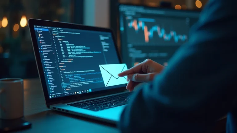 Editorial portrait of a developer at a desk with a laptop displaying a sealed envelope over encryption graphs.