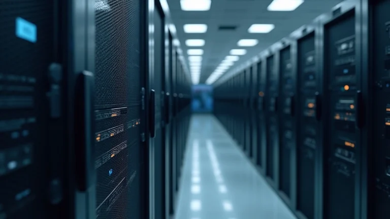 Editorial photo of a data center rack with blockchain icons and a muted world map, illustrating decentralized AI compute.