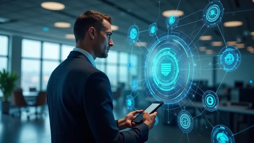 Portrait of a financial professional in an office with holographic multi-chain display of tokenized securities and DTCC