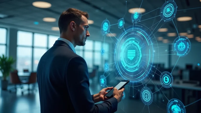 Portrait of a financial professional in an office with holographic multi-chain display of tokenized securities and DTCC