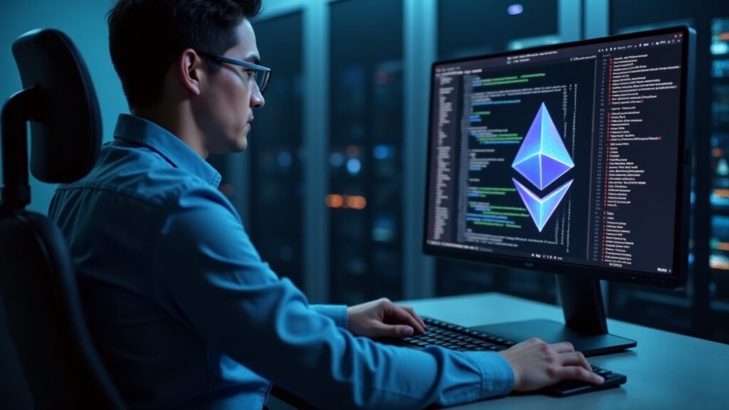 Data center operator watches screen with JSON strings and Ethereum logo, signaling Erigon v3.4.4 bugfix.