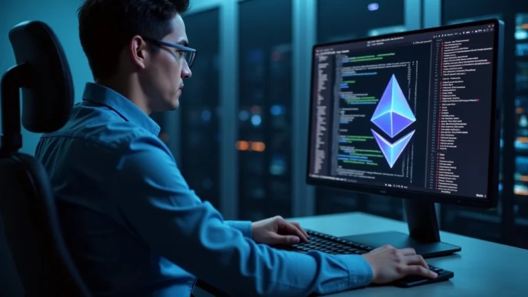Data center operator watches screen with JSON strings and Ethereum logo, signaling Erigon v3.4.4 bugfix.