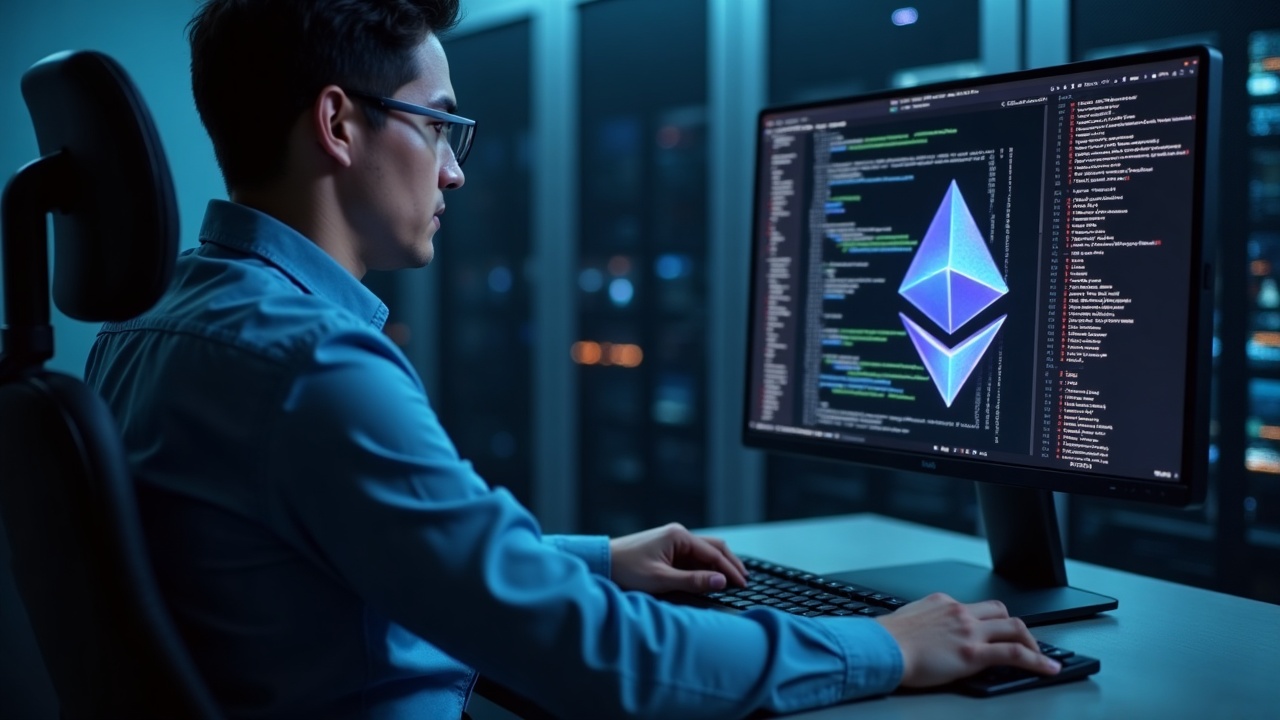 Data center operator watches screen with JSON strings and Ethereum logo, signaling Erigon v3.4.4 bugfix.