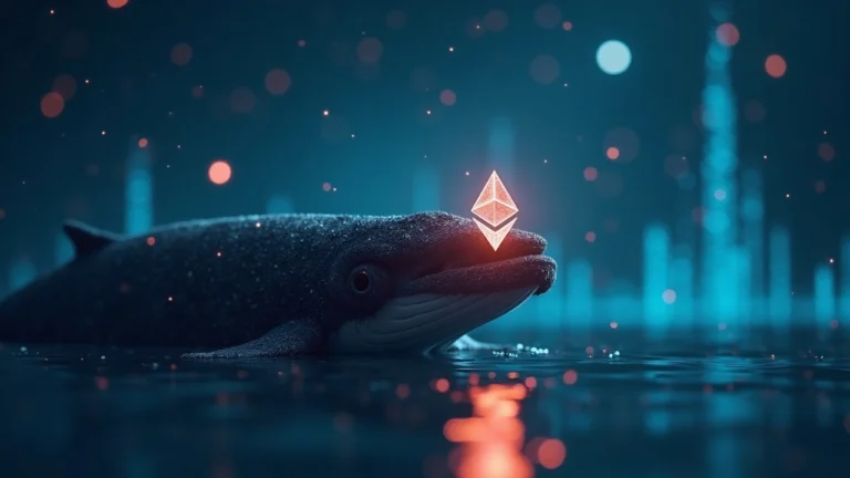 Editorial image of a crypto whale avatar with a glowing ETH symbol and a subtle Spark Protocol interface in the background.