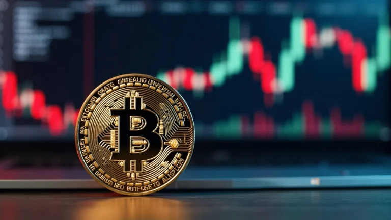 Bitcoin symbol on desk beside newsroom monitor displaying Extreme Fear 15 and red ETF outflows chart.