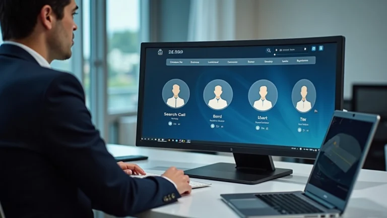 Reporter at a desk with a monitor displaying a 3M Fetch.ai agent marketplace UI with search and call icons.