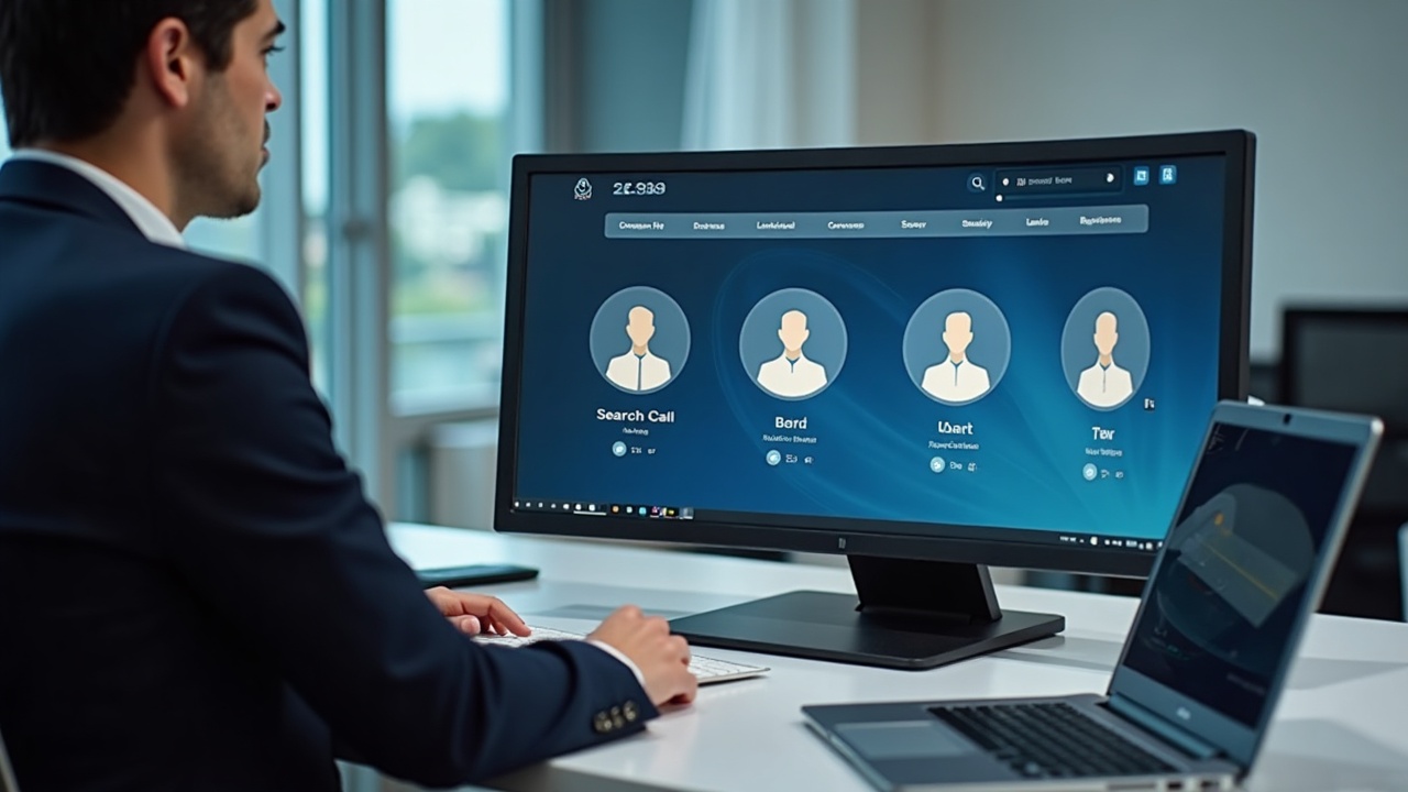 Reporter at a desk with a monitor displaying a 3M Fetch.ai agent marketplace UI with search and call icons.