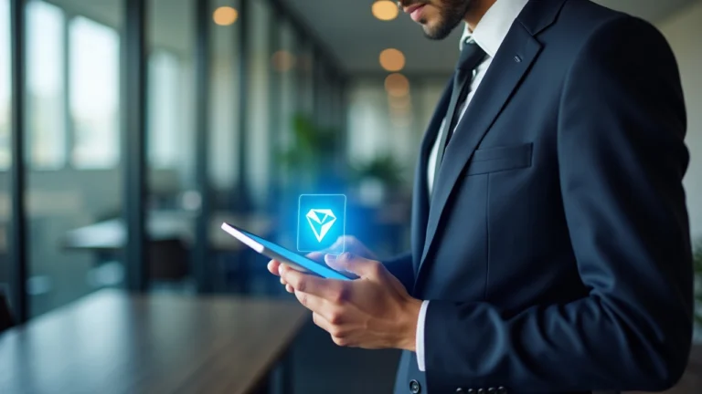 Editorial portrait of a suited executive in a modern office, tablet shows TRON and Securitize logos for HLSCOPE.