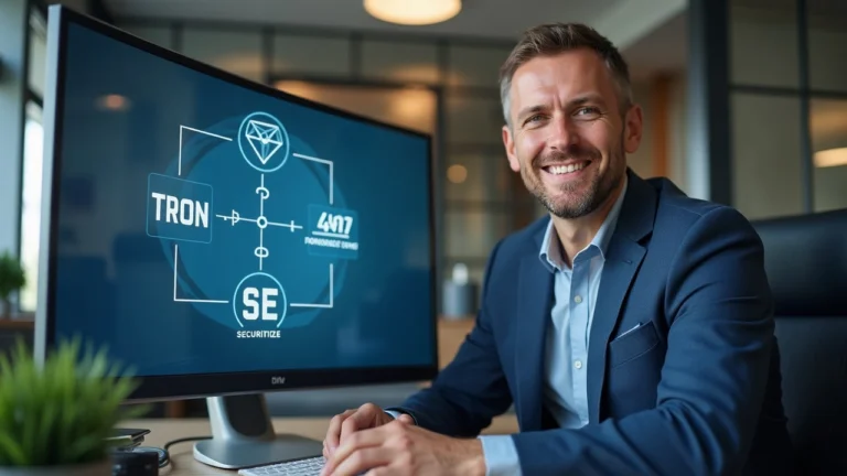 Editorial portrait of a senior finance professional in a modern office, monitor shows a cross-chain TRON–Securitize diagram.