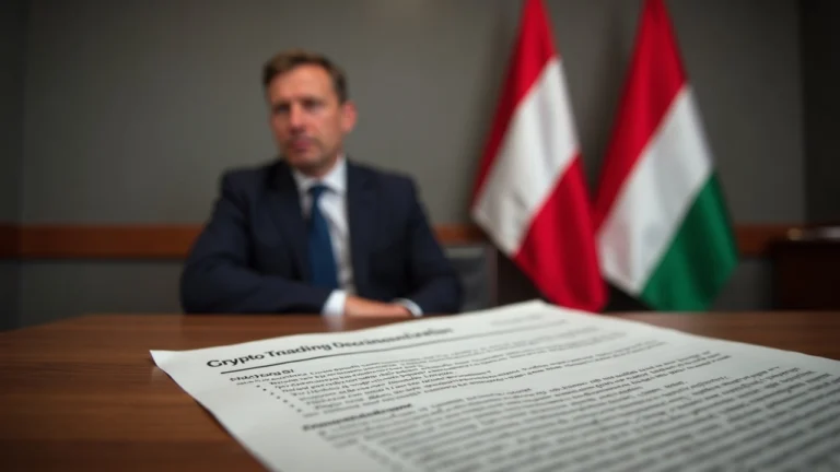 Editorial shot of a government spokesperson at a podium with a Hungarian flag and crypto-decriminalization document.