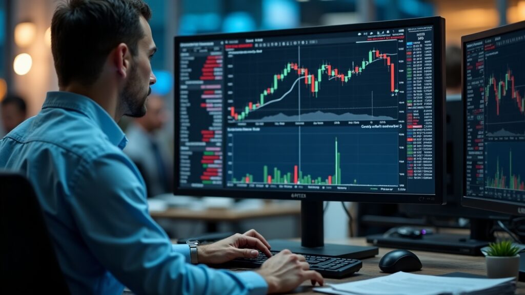 Professional trader at a clean newsroom desk, monitor shows $3B RWA open interest with HIP-3 charts.