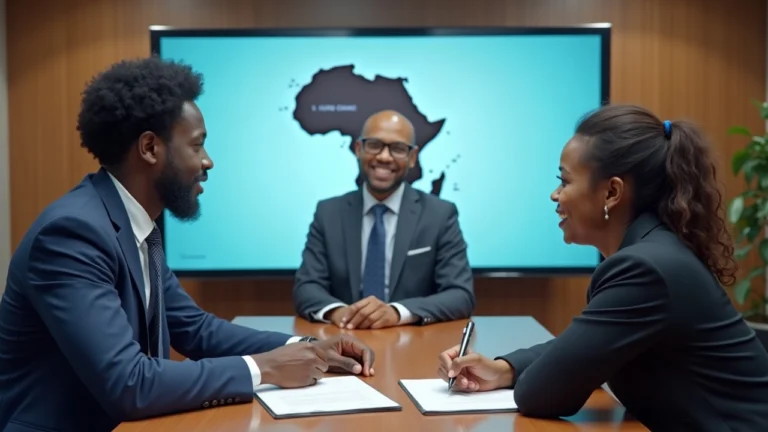 Ghanaian founder signs equity deal with international investor; Hyro Exchange on screen, Africa map in the room.