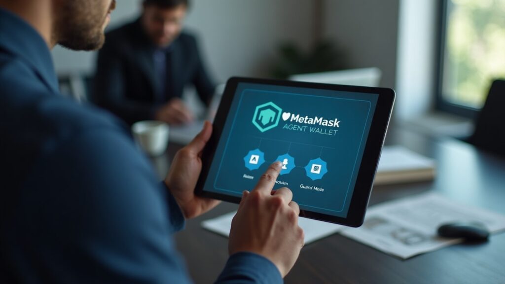 Security analyst reviews a tablet showing the MetaMask Agent Wallet UI with guard mode indicators and a shield icon.
