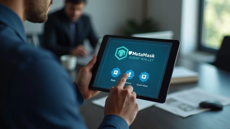 Security analyst reviews a tablet showing the MetaMask Agent Wallet UI with guard mode indicators and a shield icon.